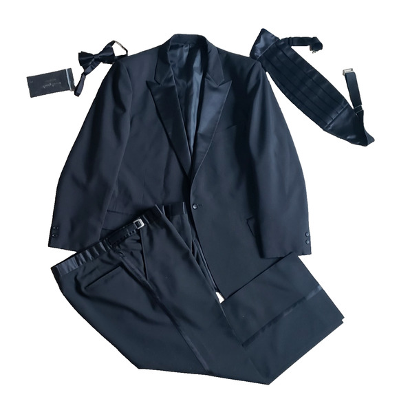 Gemelli Tuxedo Mens 44L Black 4 Piece Suit Satin Trim Formal Wedding Prom 36x28 - Picture 1 of 16